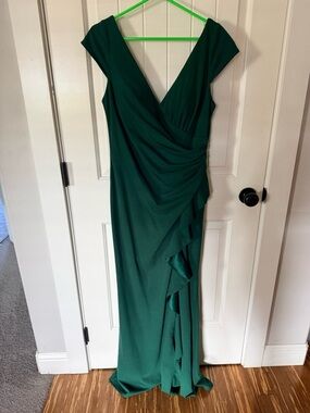 Oleg Cassini Emerald Green V-Neck Draped Maxi Dress